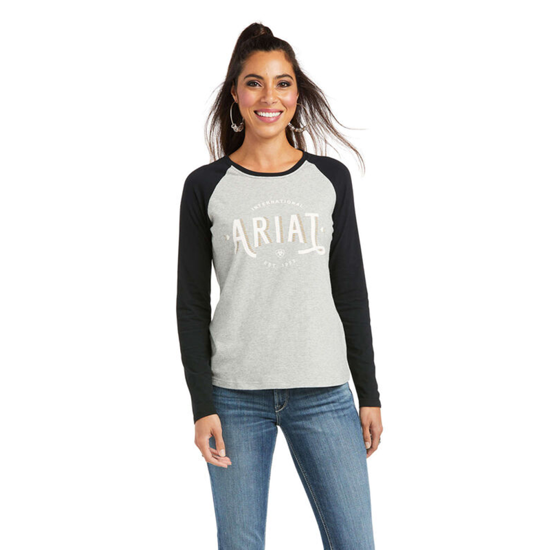 Ariat Women's Real Loop Baseball T-Shirt - Heather Grey/Black - XS 