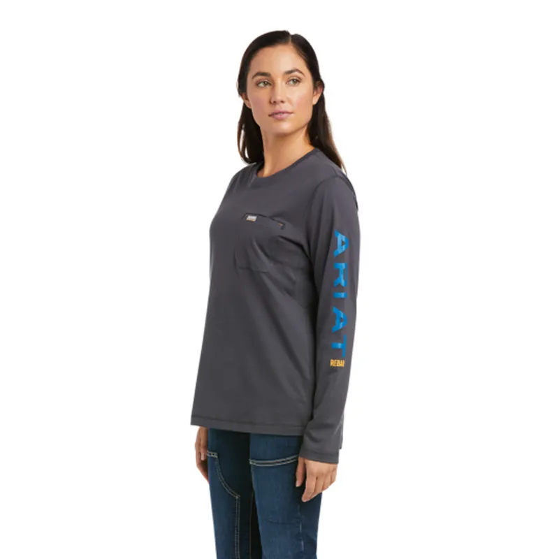 Ariat Women's Rebar Workman Long Sleeve T-Shirt - Grey/Mykonos Blue - XS 