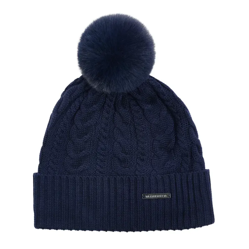 WeatherBeeta Cable Knit Pom Pom Beanie - Navy