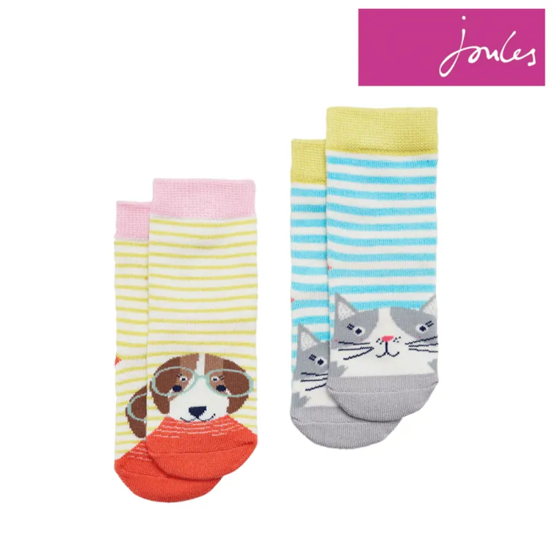 Joules Neat Feet Baby Girls Character Socks 2 Pack - Cream Cat Dog