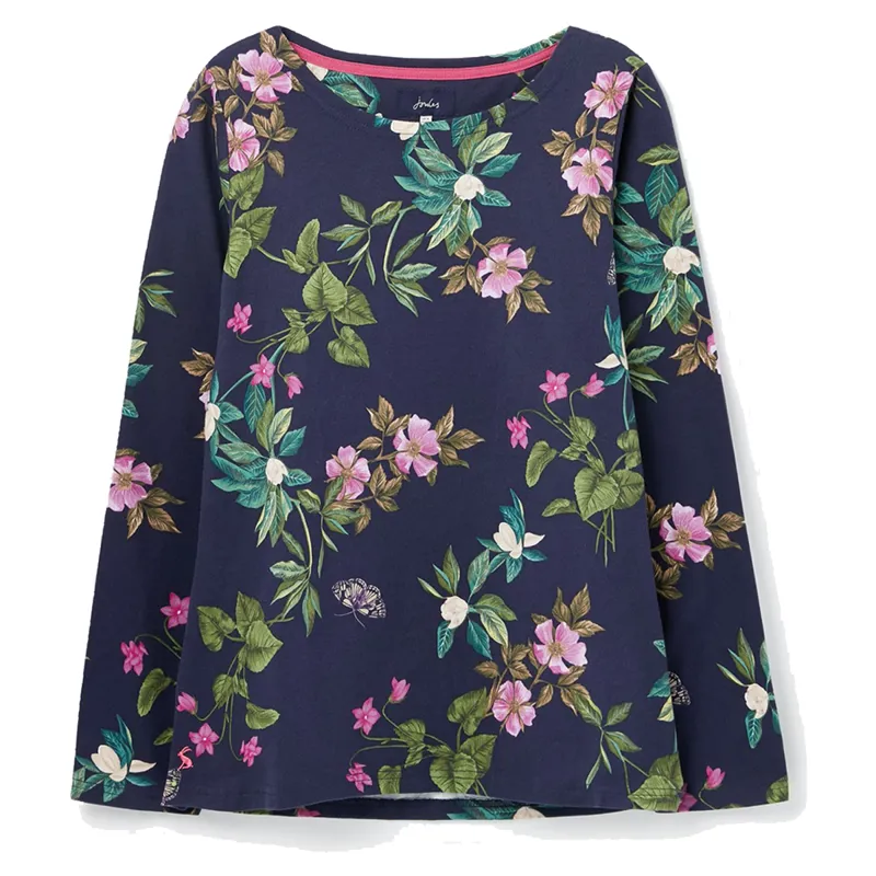 Joules Harbour Print Long Sleeve Jersey Top - Navy Floral Botanical Small - Ladies UK 16