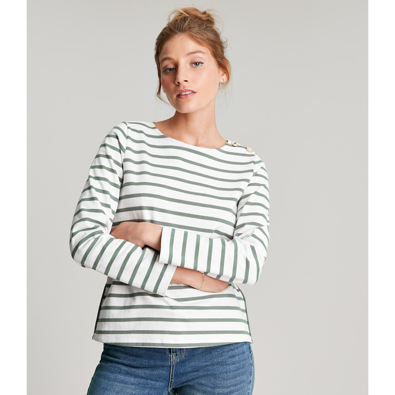Joules Aubree Button Shoulder Jersey Top - Cream Green Stripe-1