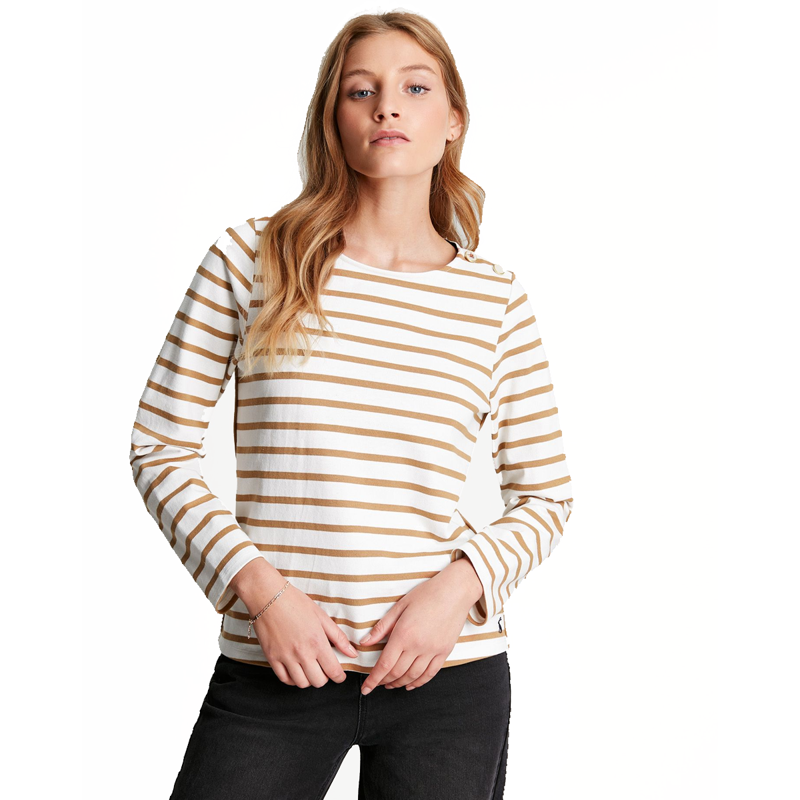 Joules Aubree Button Shoulder Jersey Top - Cream Tan Stripe-1