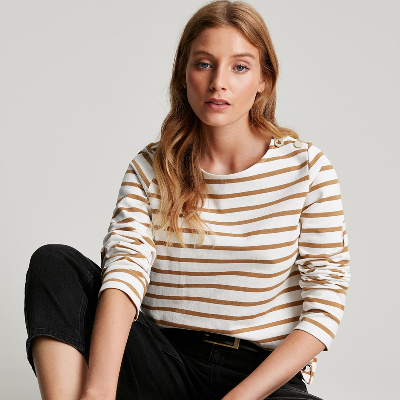 Joules Aubree Button Shoulder Jersey Top - Cream Tan Stripe-2