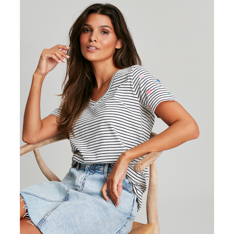 Joules Celina Embroidered V Neck T-Shirt - Cream Bee Stripe-1