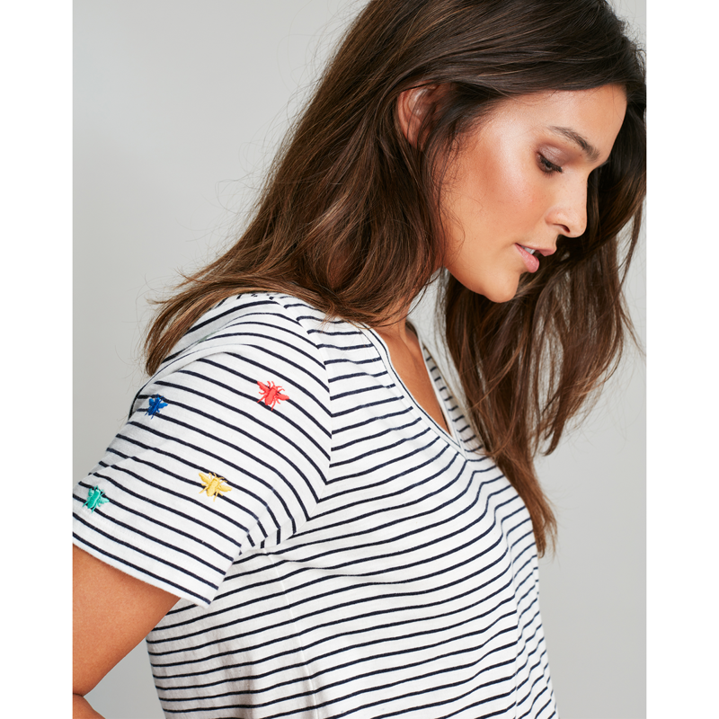 Joules Celina Embroidered V Neck T-Shirt - Cream Bee Stripe-3