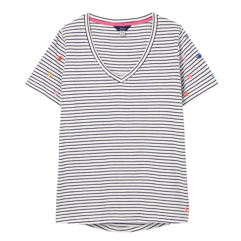 Joules Celina Embroidered V Neck T-Shirt - Cream Bee Stripe