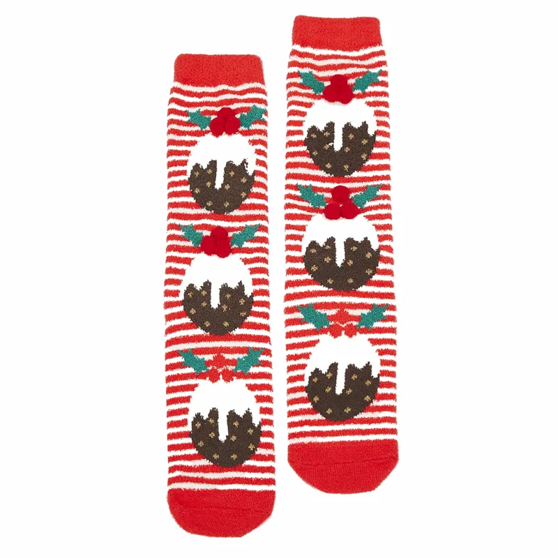 Joules Festive Fluffy Socks - Red Xmas Pudding