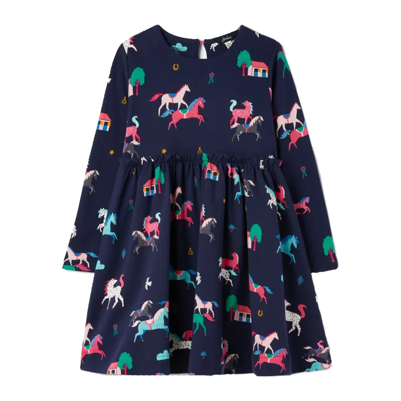 Joules Hampton Long Sleeve Paperbag Waist Jersey Dress - Navy Ponies