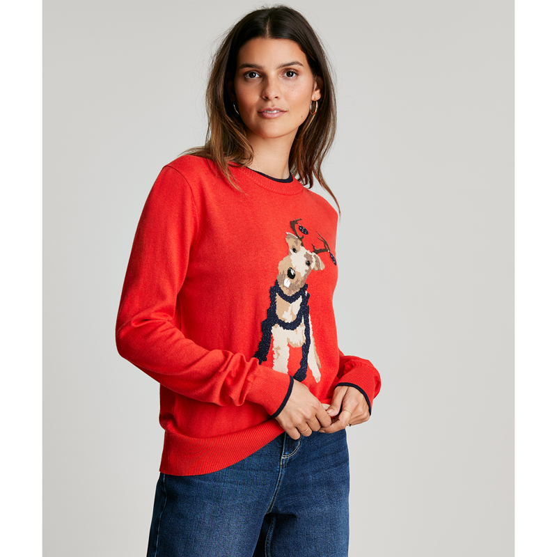 Joules Mariella Festive Intarsia Jumper - Red Dog-2