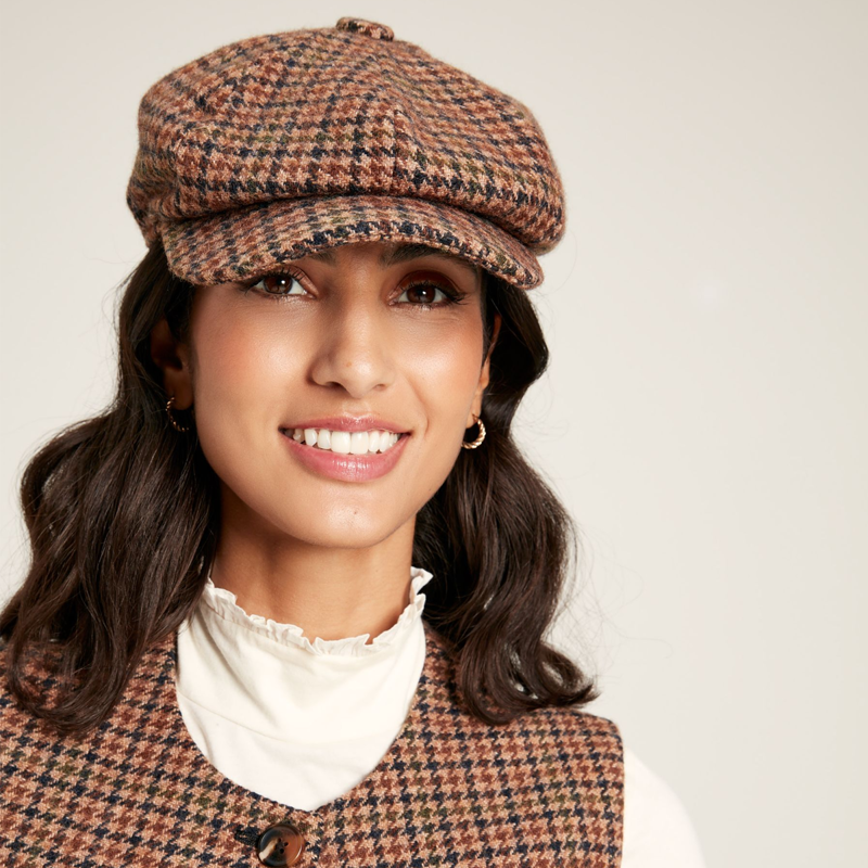 Joules Harrogate Tweed Baker Boy Hat - Brown Houndstooth-3