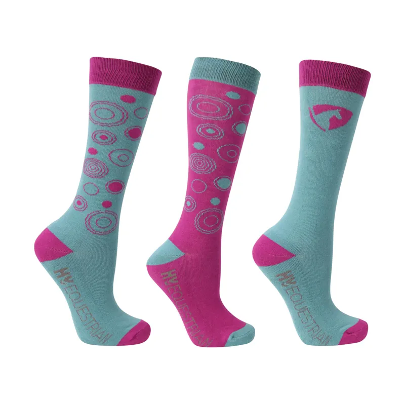 HY EQUESTRIAN ZEDDY SOCKS SHORT 3 PACK PINK/BLUE/TURQUOISE CHILDS SIZE UK 8-12 