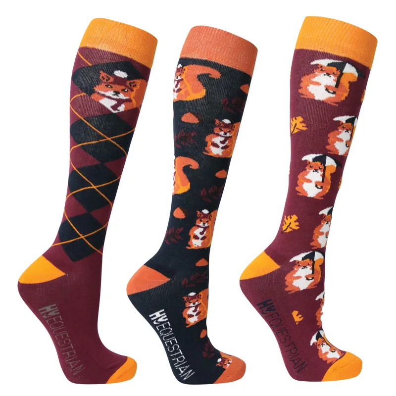 Hy Equestrian Skyla the Squirrel Socks - Pack of 3 - Burgundy/Navy