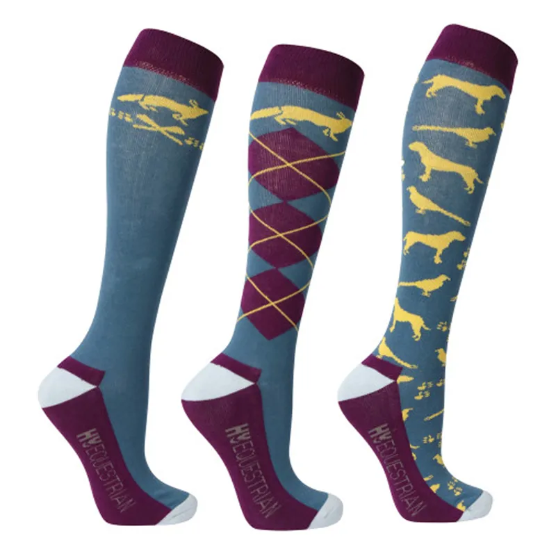 Hy Equestrian Fox and Hound Country Socks - Pack of 3 - Steel Blue/Purple/Yellow