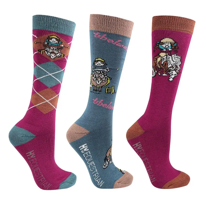 Hy Equestrian Children's Thelwell Collection Pony Friends Socks - Pack of 3 - Imperial Purple/Pacific Blue 