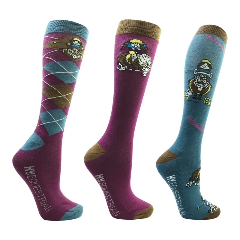 Hy Equestrian Thelwell Collection Pony Friends Socks - Pack of 3 - Imperial Purple/Pacific Blue