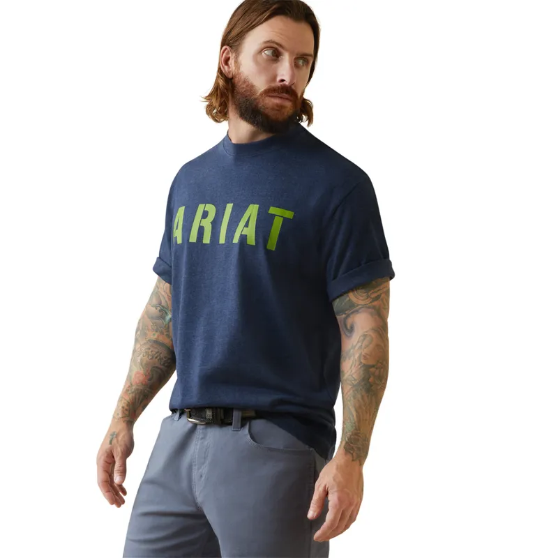 Ariat Men's Rebar Cotton Strong Block T-Shirt - Navy Heather/Lime