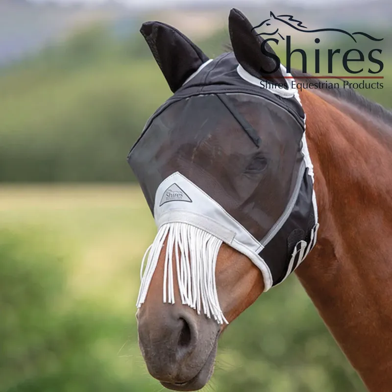 Shires Fine Mesh Fly Mask with Ears and Nose Fringe - White
