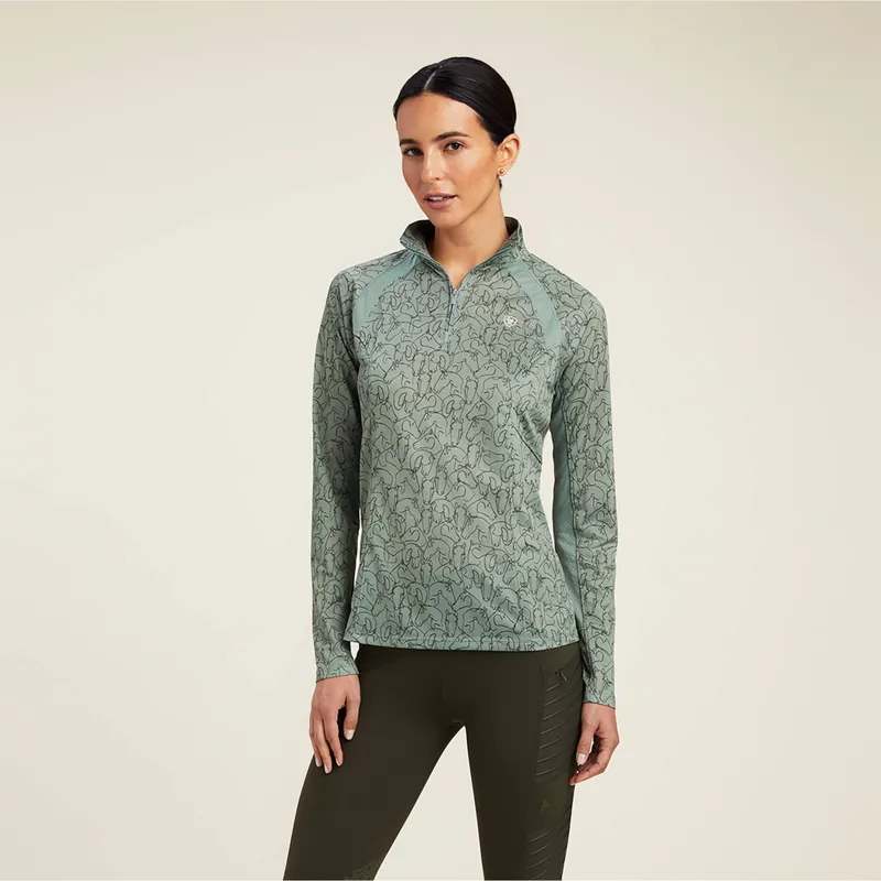 Ariat Women's Sunstopper 2.0 1/4 Zip Baselayer - Hedge Green Doodle Horse 