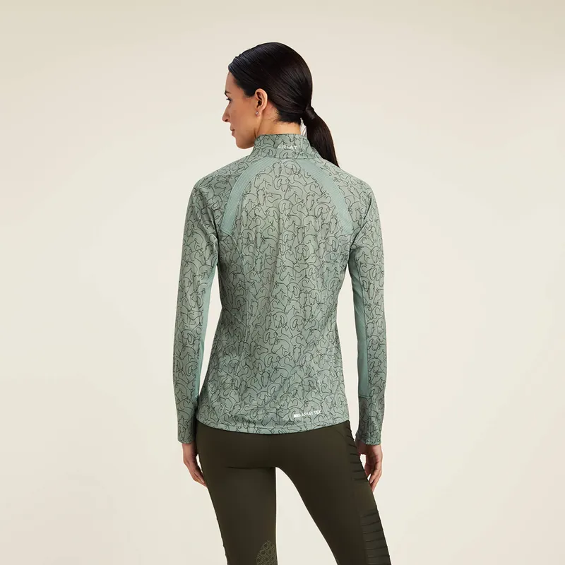 Ariat Women's Sunstopper 2.0 1/4 Zip Baselayer - Hedge Green Doodle Horse -1