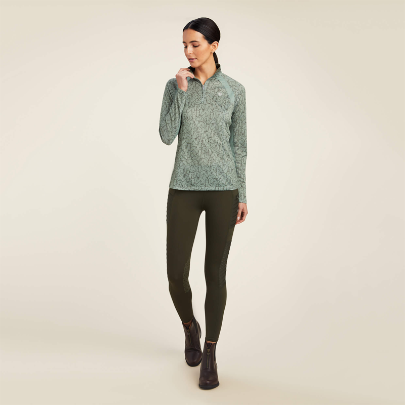 Ariat Women's Sunstopper 2.0 1/4 Zip Baselayer - Hedge Green Doodle Horse -2