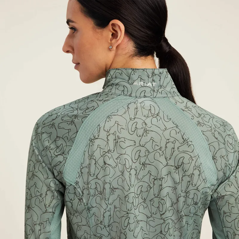 Ariat Women's Sunstopper 2.0 1/4 Zip Baselayer - Hedge Green Doodle Horse -3