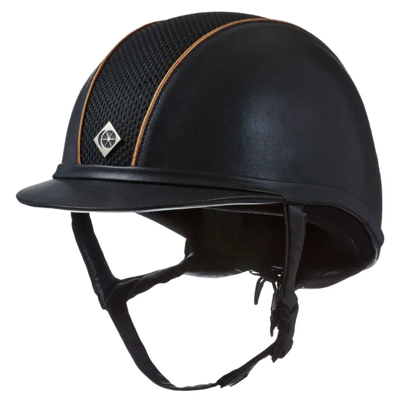 Charles Owen Leather Look AYR8 Black/Gold/Black - Gold Satin Piping