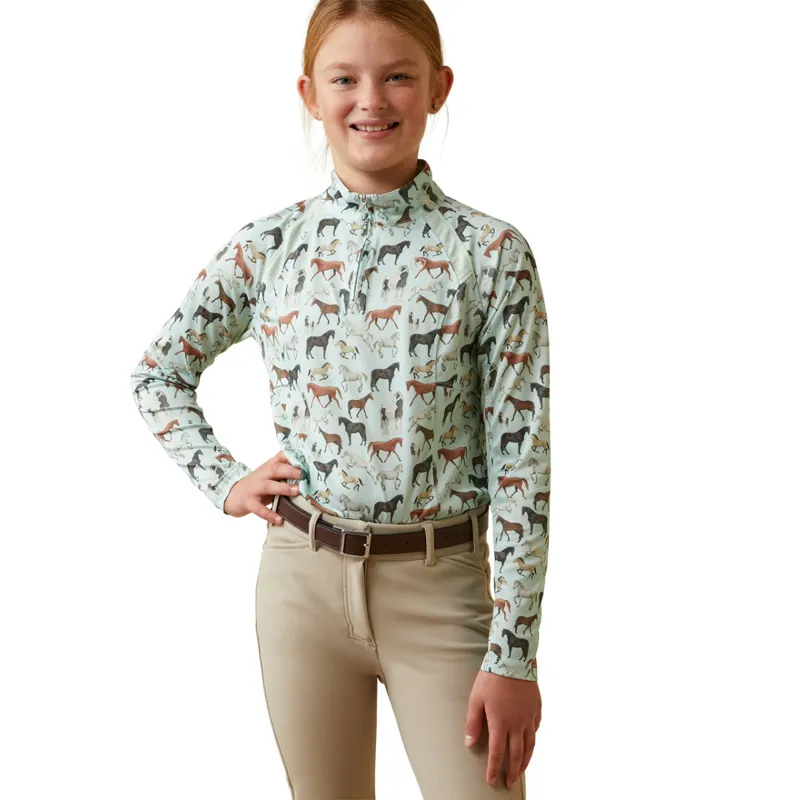 Ariat Youth Sunstopper 2.0 1/4 Zip Baselayer - Aqua Herd Print
