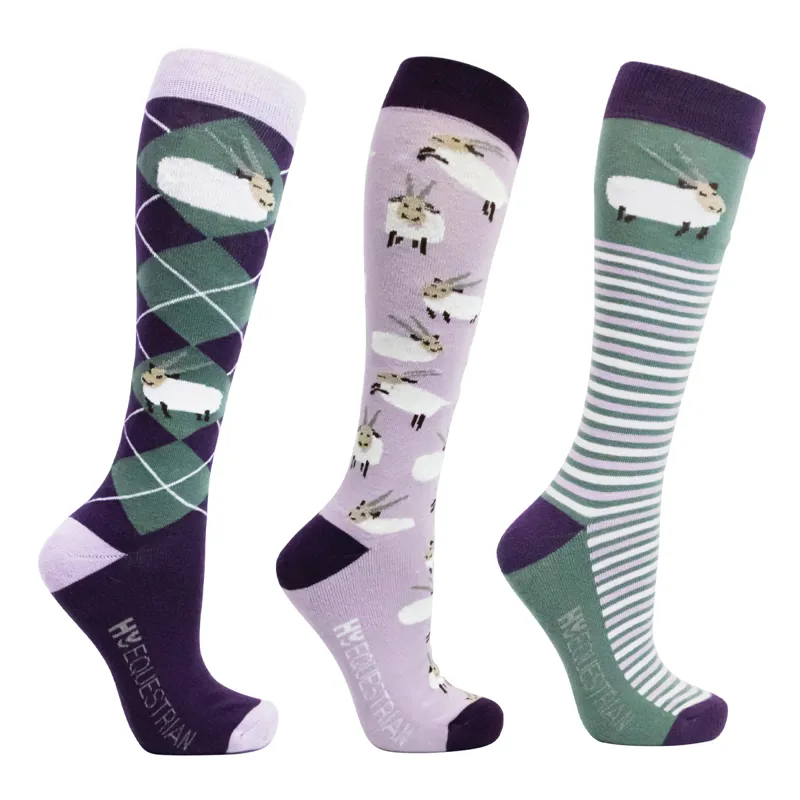 Hy Equestrian Gallant Goat Socks Pack Of 3 Adult 4- 8 - Purple/Moss