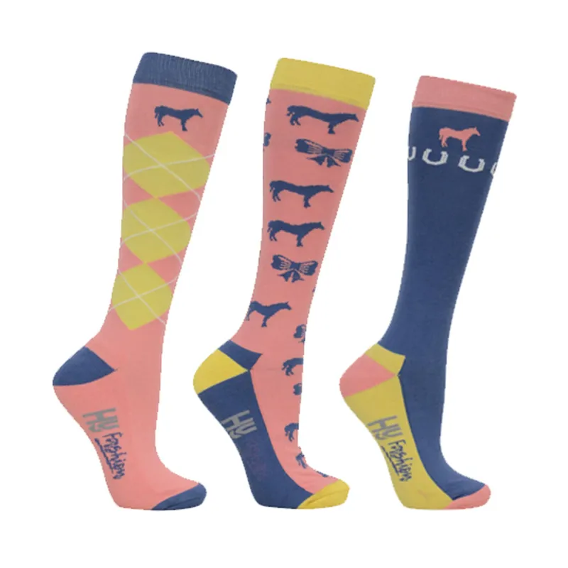 Hy Fashion Newmarket Horse Print Socks 3 Pack - Yellow/Coral/Blue