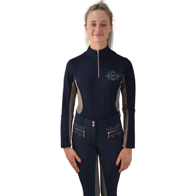 Hy Equestrian Kensington Ladies Long Sleeved Sports Shirt - Navy/Taupe/Rose Gold