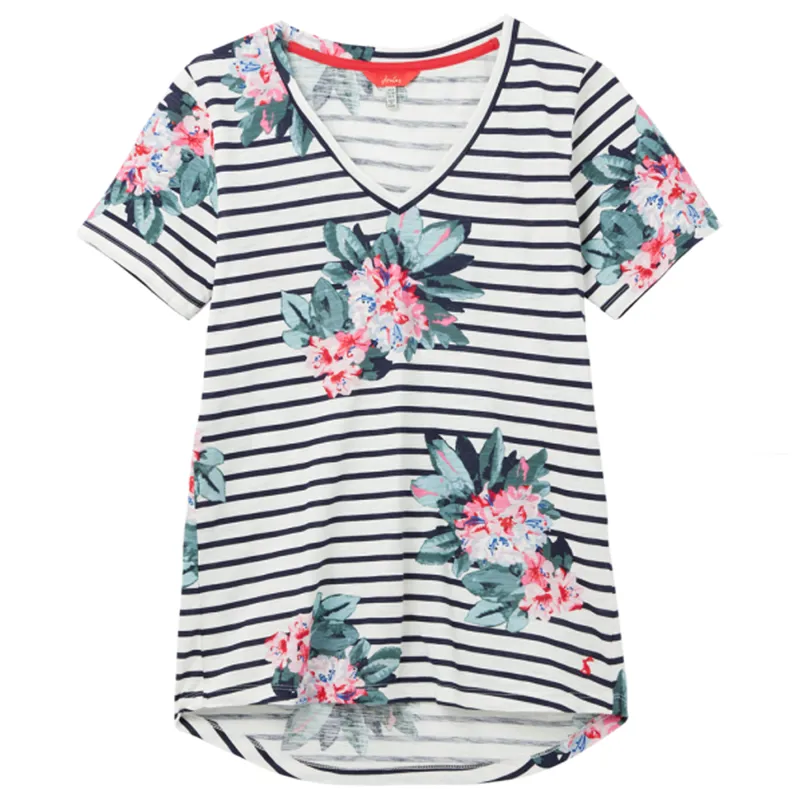 Joules Celina Print V Neck Top - Floral Cream Stripe