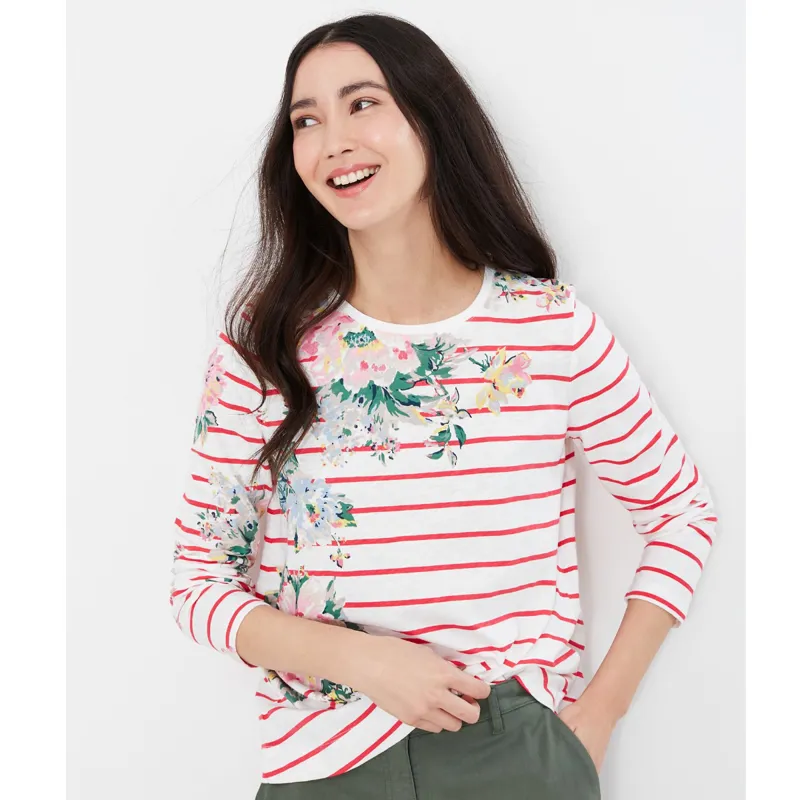 Joules Lottie Print Long Sleeve Classic Crew Top - Pink Floral Stripe-1