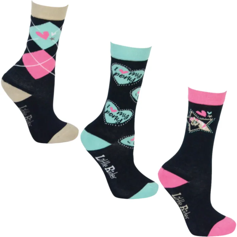 Little Rider I Love My Pony Collection Socks 3 Pack - Navy/Pink/Teal/Cream