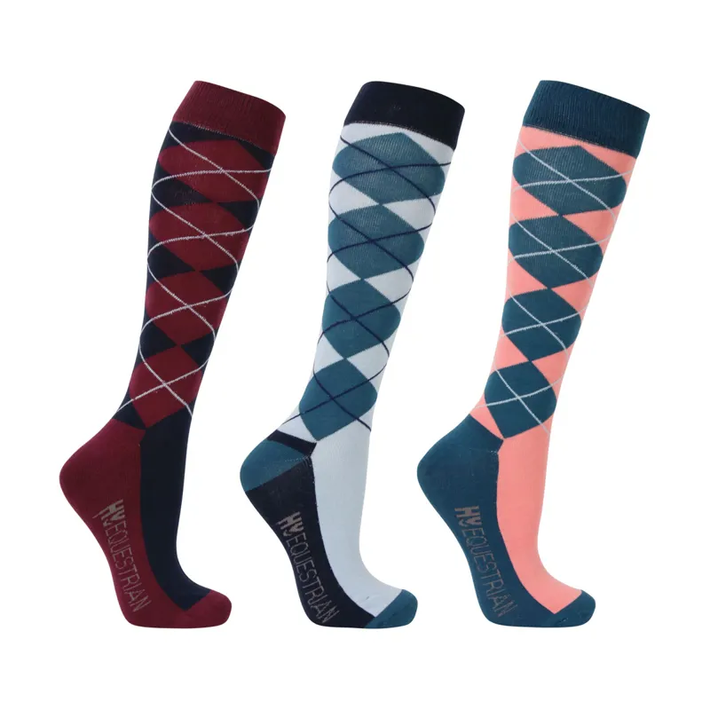 HY Equestrian Synergy Argyle Socks Pack of 3 - Grey/Navy/Aegean Blue/Blush/Fig	