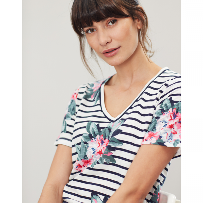 Joules Celina Print V Neck Top - Floral Cream Stripe-1