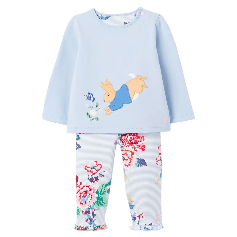 Peter Rabbit Poppy Organic Long Sleeved Applique Top With Frill Leggings - Blue Floral Rabbit