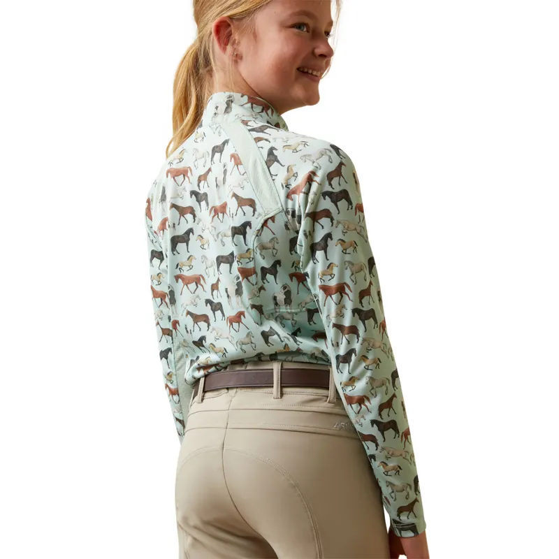 Ariat Youth Sunstopper 2.0 1/4 Zip Baselayer - Aqua Herd Print-1
