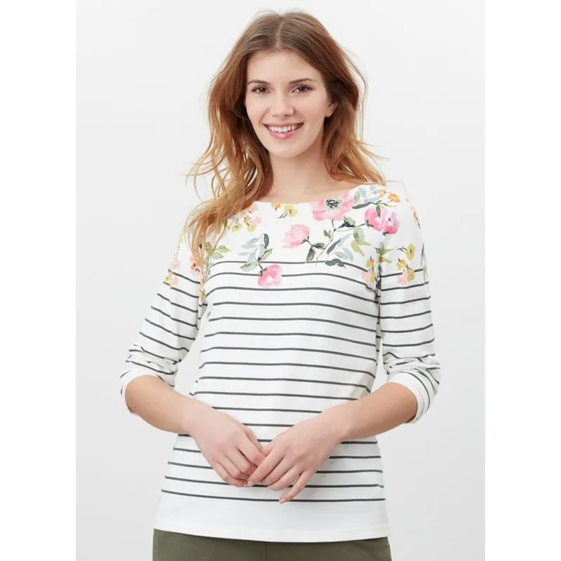 Joules Harbour Printed Jersey Top - Cream Green Stripe Floral-2