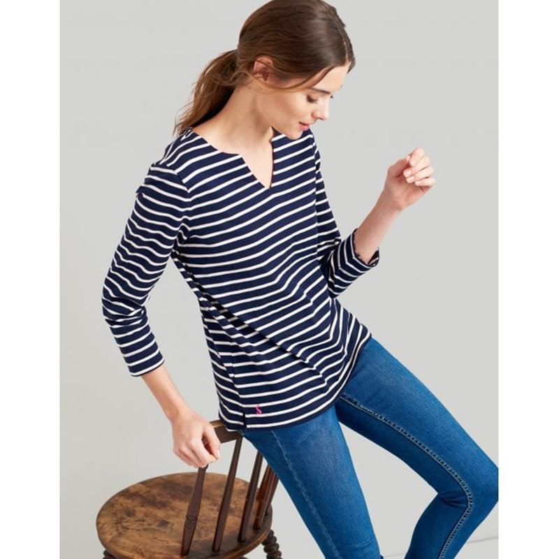 Joules Harbour Notch Neck Jersey Top - Navy Cream Stripe-3