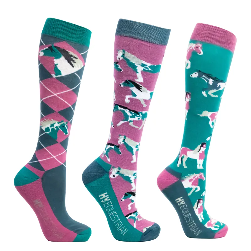 Hy Equestrian Horsing Around Socks Pack of 3 Adult 4-8 - Teal/Berry
