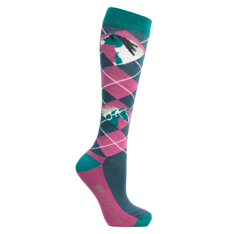 Hy Equestrian Horsing Around Socks Pack of 3 Adult 4-8 - Teal/Berry-1
