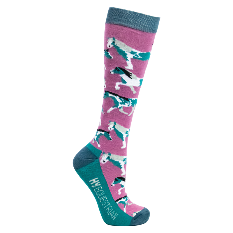 Hy Equestrian Horsing Around Socks Pack of 3 Adult 4-8 - Teal/Berry-2