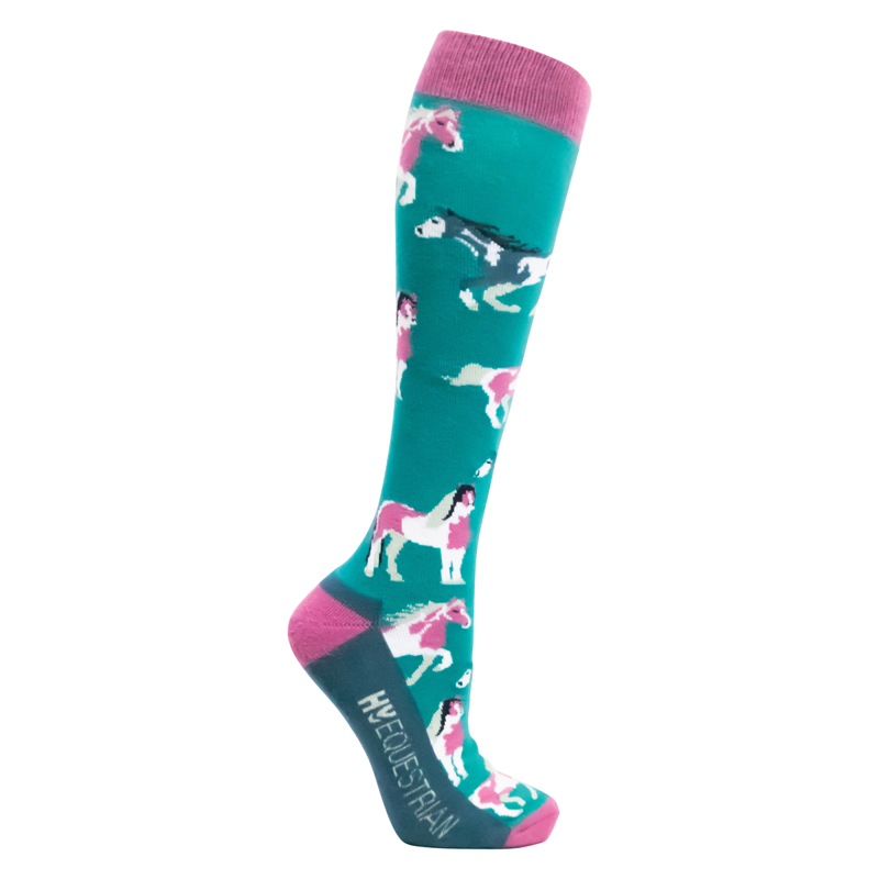Hy Equestrian Horsing Around Socks Pack of 3 Adult 4-8 - Teal/Berry-3