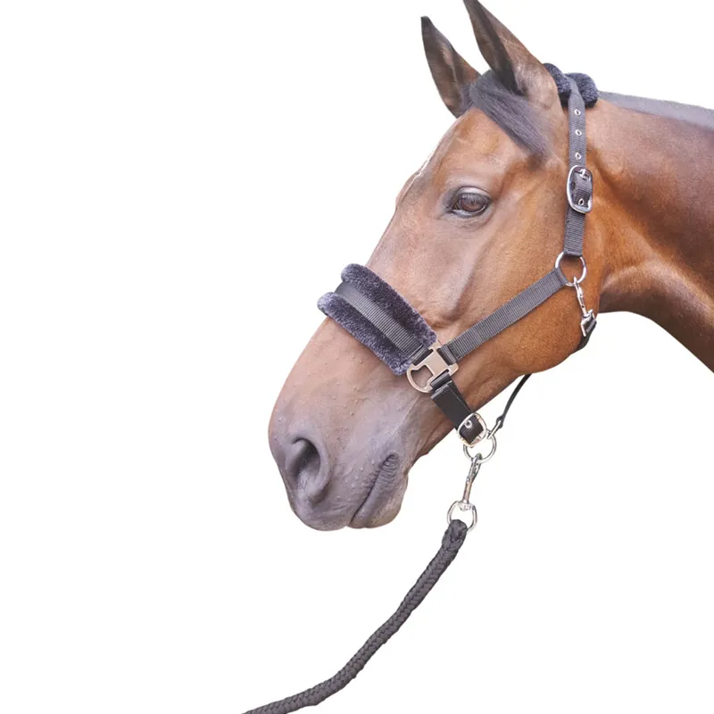 Hy Equestrian Faux Fur Padded Head Collar with Lead Rope - Black