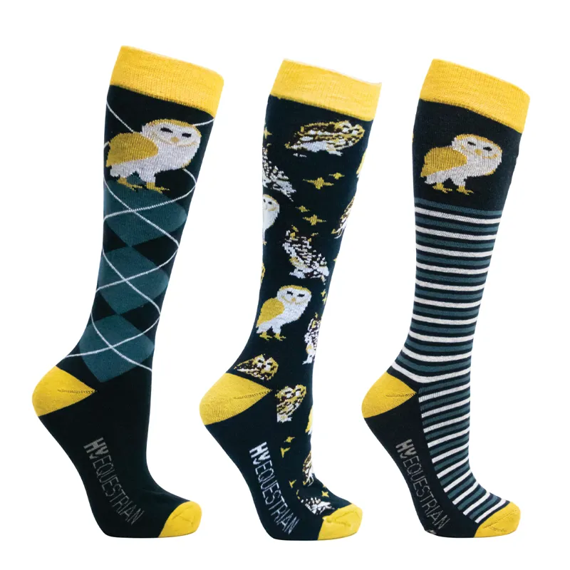 Hy Equestrian Night Owl Socks Pack Of 3 Adult 4- 8 - Navy/Yellow