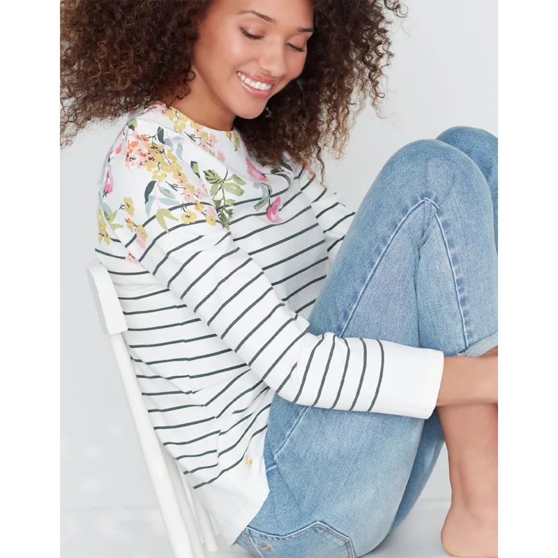 Joules Harbour Printed Jersey Top - Cream Green Stripe Floral-3