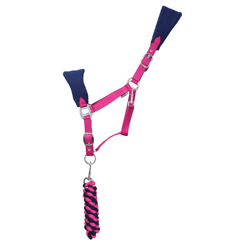 Hy Equestrian Belton Fleece Head Collar And Lead Rope Set - Navy/Pink