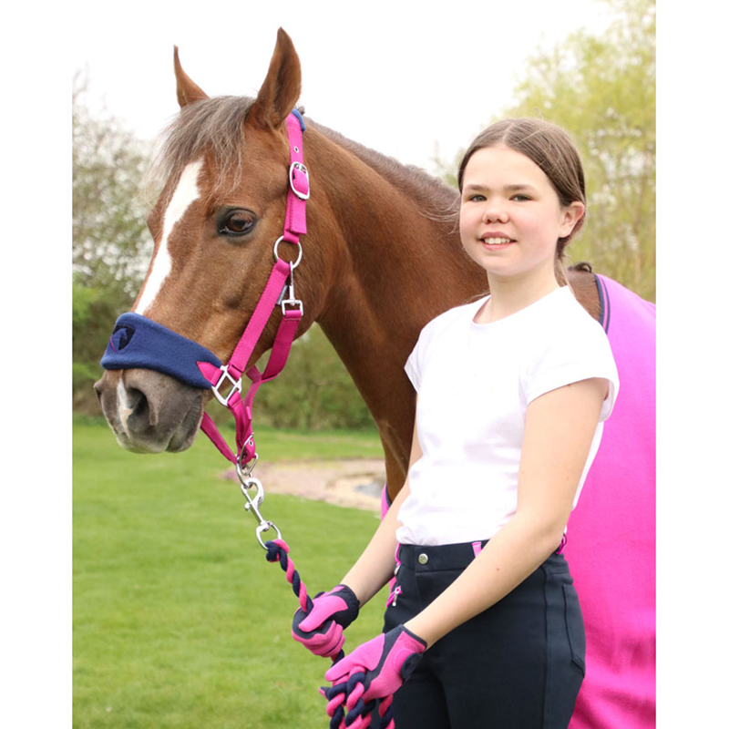 Hy Equestrian Belton Fleece Head Collar And Lead Rope Set - Navy/Pink-1