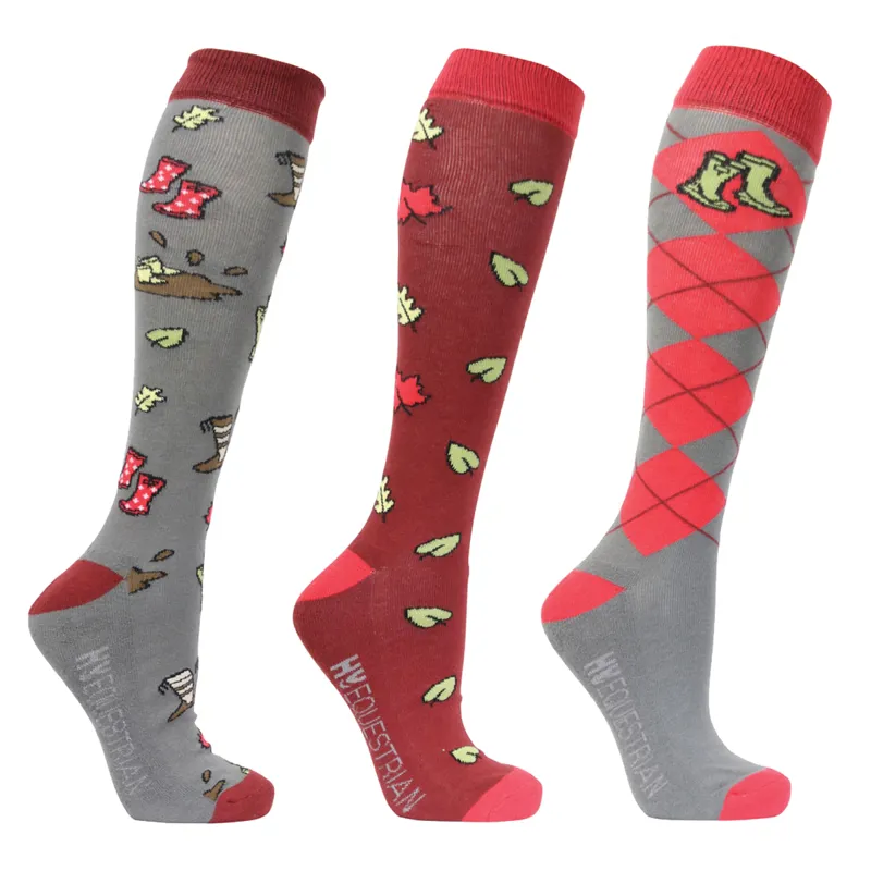 Hy Equestrian Country Walks Socks - Pack Of 3 - Burgundy/Grey
